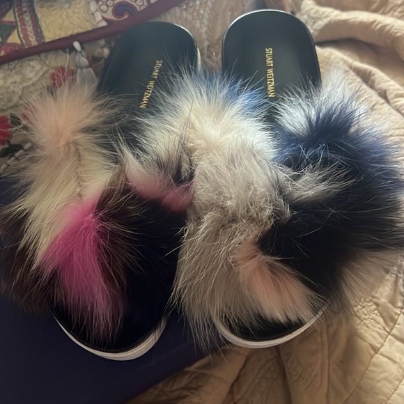 Stuart Weitzman Sublime REAL Multi-Color Fox Fur Sandals Slides Flats Slippers - Picture 3 of 16